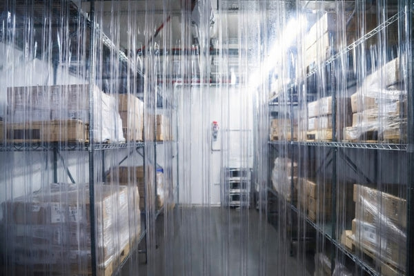 Ribbed clear strip curtain in a warehouse storage aisle