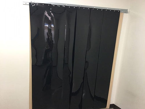PVC Vinyl Plastic Strip Curtain Door Kit  -  108x120  -  108 in. (9 ft) width x 120 in. (10 ft) height  -  Black 8 in. strips with 50% overlap  -  common door kit (Hardware included)